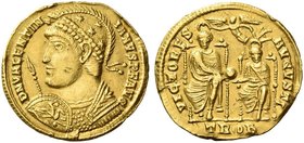 Valentinian I, 364 – 375. Solidus, Treveri 370, AV 4.42 g. D N VALENTIN – IANVS P F AVG Helmeted and cuirassed bust l., holding spear and shield on wh...