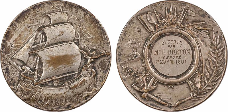 Fécamp, prix offert par le député Breton, 1901 Paris
TB+. Bronze argenté, 50,0 ...