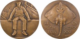 Pêcheur, par Pommier, 1931 Paris
SUP, RR. Bronze, 58,3 mm, 113,65 g, 12 h, Punch: Corne d'abondance

Légers chocs sur les listels pour cette très r...