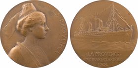 Compagnie Générale Transatlantique (C.G.T.), le paquebot La Provence, par Patriarche, 1906 Paris
SPL. Bronze, 36,0 mm, 22,40 g, 12 h, Punch: Corne d'...