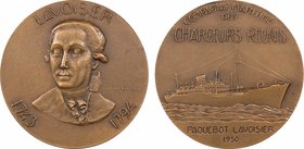 Compagnie Maritime des Chargeurs Réunis, le paquebot Lavoisier, par Fraisse, 1950 Paris
SPL. Bronze, 50,0 mm, 60,60 g, 12 h, Punch: Corne d'abondance...