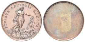 Durante Umberto I, 1878-1900.
Medaglia 1886 opus F. Speranza.
Æ gr. 21,54 mm 36,8
Dr. SOCIETA’ ORTICOLA ROMANA. Ninfa getta primizie; a s., la Lupa...