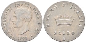 Napoleone I Re d’Italia, 1805-1814.
Soldo 1808.
Æ 
Dr. Testa nuda a s.
Rv. Corona ferrea radiata.
Pag. 66; Gig. 206.
Bel BB