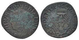 Guidobaldo I da Montefeltro, 1482-1508.
Quattrino.
Æ gr. 1,20
Dr. GVIDVS VB VRBI DVX. Busto corazzato a s.
Rv. CO MON FE AC DVRANTIS. Stemma coron...