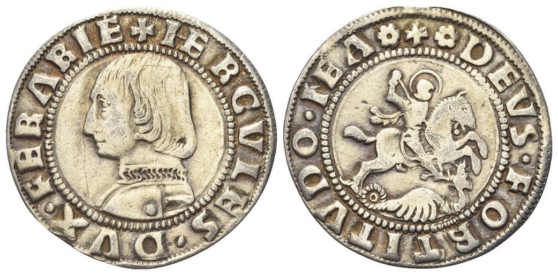 Ercole I d’Este, 1471-1505.
Grossone.
Ag gr. 3,78
Dr. HERCVLES DVX FERRARIE. ...