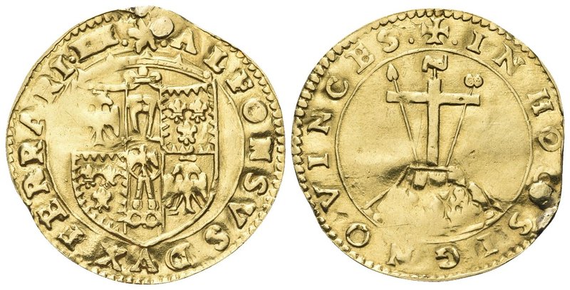 Alfonso II d’Este, 1559-1597.
Scudo d’oro del sole s. data.
Au gr. 3,32
Dr. A...