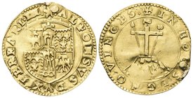 Alfonso II d’Este, 1559-1597.
Scudo d’oro del sole s. data.
Au gr. 3,32
Dr. ALFONSVS DVX FERRARI III. Stemma coronato.
Rv. IN HOC SIGNO VINCES. La...
