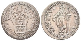 Innocenzo XI (Benedetto Odescalchi), 1676-1689.
Quattrino a. I.
Æ gr. 3,27
Dr. INNOC XI - P M AN I. Stemma sormontato da triregno e chiavi decussat...