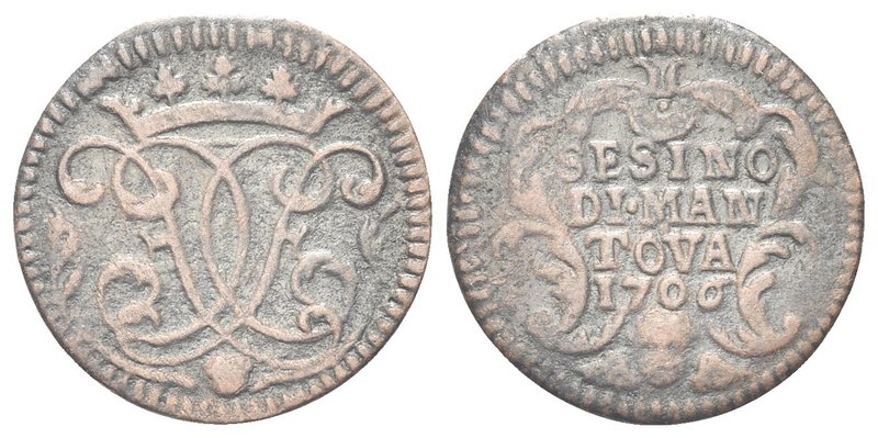 Ferdinando Carlo di Gonzaga Nevers, 1665-1707.
Sesino 1706.
Æ gr. 1,46
Dr. An...
