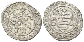 Galeazzo Maria Sforza, Duca di Milano, 1466-1476.
Grosso da 5 Soldi.
Ag gr. 2,56
Dr. G3 M SF VICECOS DVXX MLI V. L’impresa dei tizzoni ardenti con ...