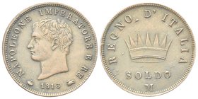 Napoleone I Re d’Italia, 1805-1814.
Soldo 1813.
Æ gr. 9,76
Dr. Testa nuda a s.
Rv. Corona ferrea radiata con indicazione di valore. 
Pag. 78; Gig...