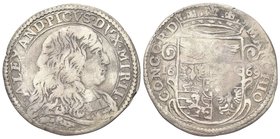 Alessandro II Pico, 1637-1691.
Lira 1669.
Ag gr. 6,72
Dr. ALEXAND PICVS DVX MIR II Busto corazzato a d. con lunga capigliatura.
Rv. MARCHIO CONCOR...