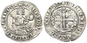 Roberto d’Angiò, 1309-1343.
Gigliato.
Ag gr. 3,92
Dr. ROBERT DEIGRA IIERLET SICIL REX. Il re, coronato, seduto tra due protomi di leoni, tiene scet...
