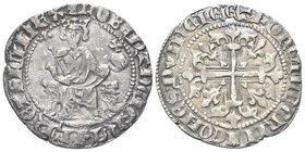 Roberto d’Angiò, 1309-1343.
Gigliato.
Ag gr. 3,70
Dr. ROBERT DEIGRA IIERLET SICIL REX. Il re, coronato, seduto tra due protomi di leoni, tiene scet...