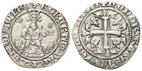 Roberto d’Angiò, 1309-1343.
Gigliato.
Ag gr. 3,35
Dr. ROBERT DEIGRA IIERLET SICIL REX. Il re, coronato, seduto tra due protomi di leoni, tiene scet...
