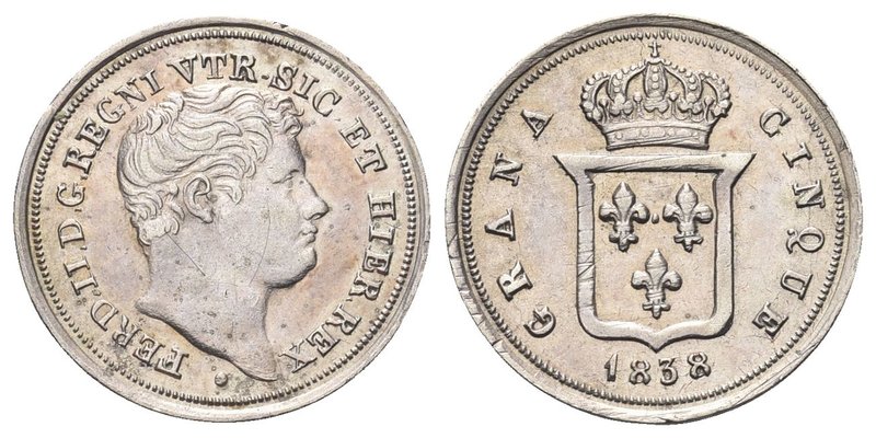 Ferdinando II di Borbone, 1830-1859.
Mezzo Carlino da 5 Grana 1838.
Ag 
Dr. T...