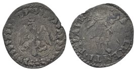 Guidobaldo II della Rovere, 1538-1574.
Quattrino anonimo.
Æ gr. 0,54
Dr. Anepigrafe. Aquila spiegata e coronata, con testa a s., entro corona di fo...