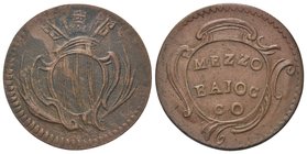 Benedetto XIV (Prospero Lorenzo Lambertini), 1740-1758.
Mezzo Baiocco.
Æ gr. 5,86
Dr. Anepigrafe. Stemma tovale, sormontato da triregno e chiavi de...