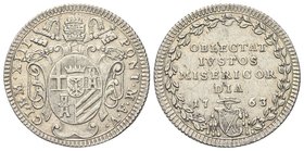 Clemente XIII (Carlo della Torre di Rezzonico), 1758-1769. 
Giulio 1763 a. V.
Ag gr. 2,65
Dr. CLEM XIII - PONT M A V. Stemma sormontato da triregno...