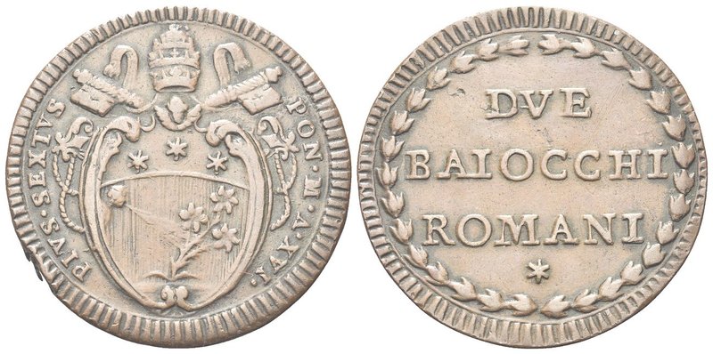 Pio VI (Giannangelo Braschi), 1775-1799.
Due Baiocchi 1795 a. XVI.
Æ gr. 22,38...