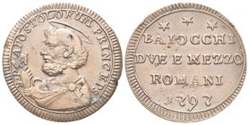 Pio VI (Giannangelo Braschi), 1775-1799.
Due Baiocchi e mezzo 1797.
Æ gr. 13,92
Dr. S P - APOSTOLORUM PRINCEPS. Pietro di profilo con le chiavi in ...