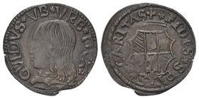 Guidobaldo I da Montefeltro, 1482-1508.
Quattrino, testa grande.
Æ gr. gr. 0,73
Dr. GVIDVS VB DVX. Busto nuda a s. con lunga capigliatura.
Rv. FID...