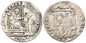 Antonio Grimani Doge LXXVI, 1521-1523. 
16 Soldi sigle VO.
Ag gr. 4,22
Dr. ANT GRIMA - NVS S M VENET. San Marco, seduto in trono, porge il vessillo...