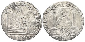 Andrea Gritti Doge LXXVII, 1523-1532.
16 Soldi.
Ag gr. 3,85
Dr. ANDREAS - GRITI - DVX S M VENET. San Marco, seduto in trono, porge il vessillo al d...