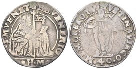 Sebastiano Venier doge LXXXVI, 1577-1578. 
40 Soldi con Santa Giustina Sigle HM.
Ag gr. 8,42
Dr. SEB VENERIO - S M VENET. San Marco, seduto di fron...