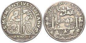 Marcantonio Giustinian Doge CVII, 1684-1688.
Osella 1684 a. I.
Ag gr. 9,33
Dr. S M V M ANT IVSTINIANVS. San Marco seduto in trono verso s., porge c...