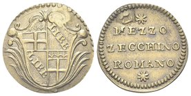 XVI-XVII secolo.
Peso monetale del Mezzo Zecchino Romano.
Æ gr. 1,70
Dr. Stemma di Bologna quadripartito tra due rami di alloro.
Rv. MEZZO / ZECCH...