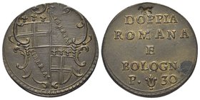 Senza indicazione di autorità emittente.
Peso monetale della Doppia Romana e Bolognese da 30 Paoli.
Æ gr. 5,44
Dr. Stemma di Bologna quadripartito ...