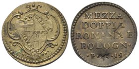 Senza indicazione di autorità emittente.
Peso monetale della Doppia Romana e Bolognese da 30 Paoli.
Æ gr. 2,71
Dr. Stemma di Bologna quadripartito ...