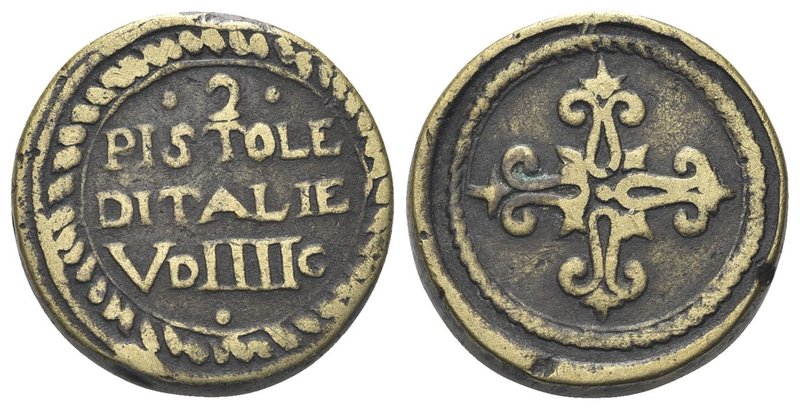 XVII secolo.
Peso dei 2 Scudi d’oro.
Æ gr. 6,62
Dr. 2 / PISTOLE / D ITALIE / ...