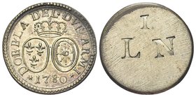 Durante Luigi XVI di Borbone, 1774-1793.
Peso della Dobbla 1780.
Metallo Bianco gr. 3,14
Dr. DOBBLA DFL DVE ARMI. Scudo ovale di Francia e Navarra;...