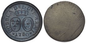 Durante Luigi XVI di Borbone, 1774-1793.
Peso di due Luigi d’oro 1780.
Æ gr. 15,20
Dr. DOBBLA DFL DVE ARMI. Scudo ovale di Francia e Navarra; sotto...