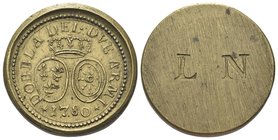 Durante Luigi XVI di Borbone, 1774-1793.
Peso di due Luigi d’oro 1780.
Æ gr. 15,13
Dr. DOBBLA DFL DVE ARMI. Scudo ovale di Francia e Navarra; sotto...