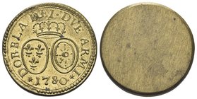 Durante Luigi XVI di Borbone, 1774-1793.
Peso di un Luigi d’oro 1780.
Æ gr. 7,65
Dr. DOBBLA DFL DVE ARMI. Scudo ovale di Francia e Navarra; sotto, ...