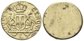 Dogi Biennali, 1528-1797. III Fase, 1637-1797.
Peso Monetale della Doppia di Genova.
Æ gr. 6,26
Dr. DOPPIA - GENOVA. Stemma coronato su mensola sor...