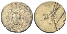 Dogi Biennali, 1528-1797. III Fase, 1637-1797.
Peso Monetale della Doppia di Genova.
Æ gr. 6,27
Dr. DOPPIA NUO - DI GENOVA. Stemma coronato sorrett...
