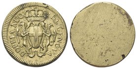Dogi Biennali, 1528-1797. III Fase, 1637-1797.
Peso Monetale della Doppia di Genova.
Æ gr. 6,31
Dr. DOPPIA NUO - DI GENOVA. Stemma coronato sorrett...
