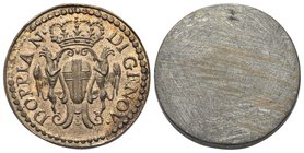 Dogi Biennali, 1528-1797. III Fase, 1637-1797.
Peso Monetale della Doppia di Genova.
Æ gr. 12,56
Dr. DOPPIA N - DI GENOV. Stemma coronatoa sorretto...