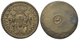 Dogi Biennali, 1528-1797. III Fase, 1637-1797.
Peso Monetale della Doppia di Genova.
Æ gr. 6,27
Dr. DOPPIA N - DI GENOV. Stemma coronatoa sorretto ...