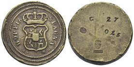 Senza indicazione di autorità emittente. Sec. XVIII.
Peso Monetale dell’8 Escudos o 8 Reales di Spagna con contromarche.
Æ gr. 26,93
Dr. DOPPIA - S...