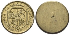 Carlo III di Borbone, Re di Spagna 1759-1788.
Peso Monetale della Doppia di Spagna 1780.
Æ gr. 13,43
Dr. DOPPIA - SPAGNA. Stemma coronato con le ar...