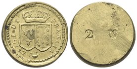 Durante Luigi XVI di Borbone, 1774-1793.
Peso monetale contromarcato del Doppio Luigi di Francia.
Æ gr. 15,15
Dr. LUIGI DI - FRANCIA. Stemma bipart...