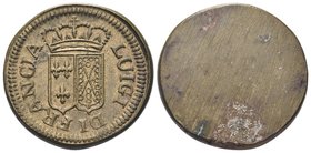 Durante Luigi XVI di Borbone, 1774-1793.
Peso monetale del Doppio Luigi di Francia.
Æ gr. 15,28
Dr. LUIGI D I- FRANCIA. Stemma bipartito coronato....