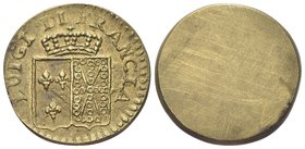 Durante Luigi XVI di Borbone, 1774-1793.
Peso monetale del Luigi di Francia.
Æ gr. 7,64
Dr. LUIGI DI - FRANCIA. Stemma bipartito coronato.
Rv. Ane...