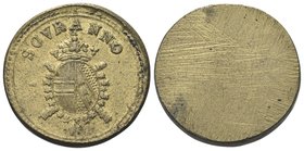 Periodo tra Giuseppe II e Fracesco II, 1780-1797.
Peso monetale della Sovrana d’oro.
Æ gr. 11,05
Dr. SOVRANNO. Stemma coronato.
Rv. Liscio.
Mazza...