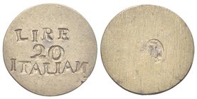 Napoleone I Re d’Italia, 1805-1814.
Peso monetale di 20 Lire.
Æ gr. 6,43
Dr. LIRE / 20 / ITALIAN. Iscrizione disposta su tre righe.
Rv. Aquiletta ...